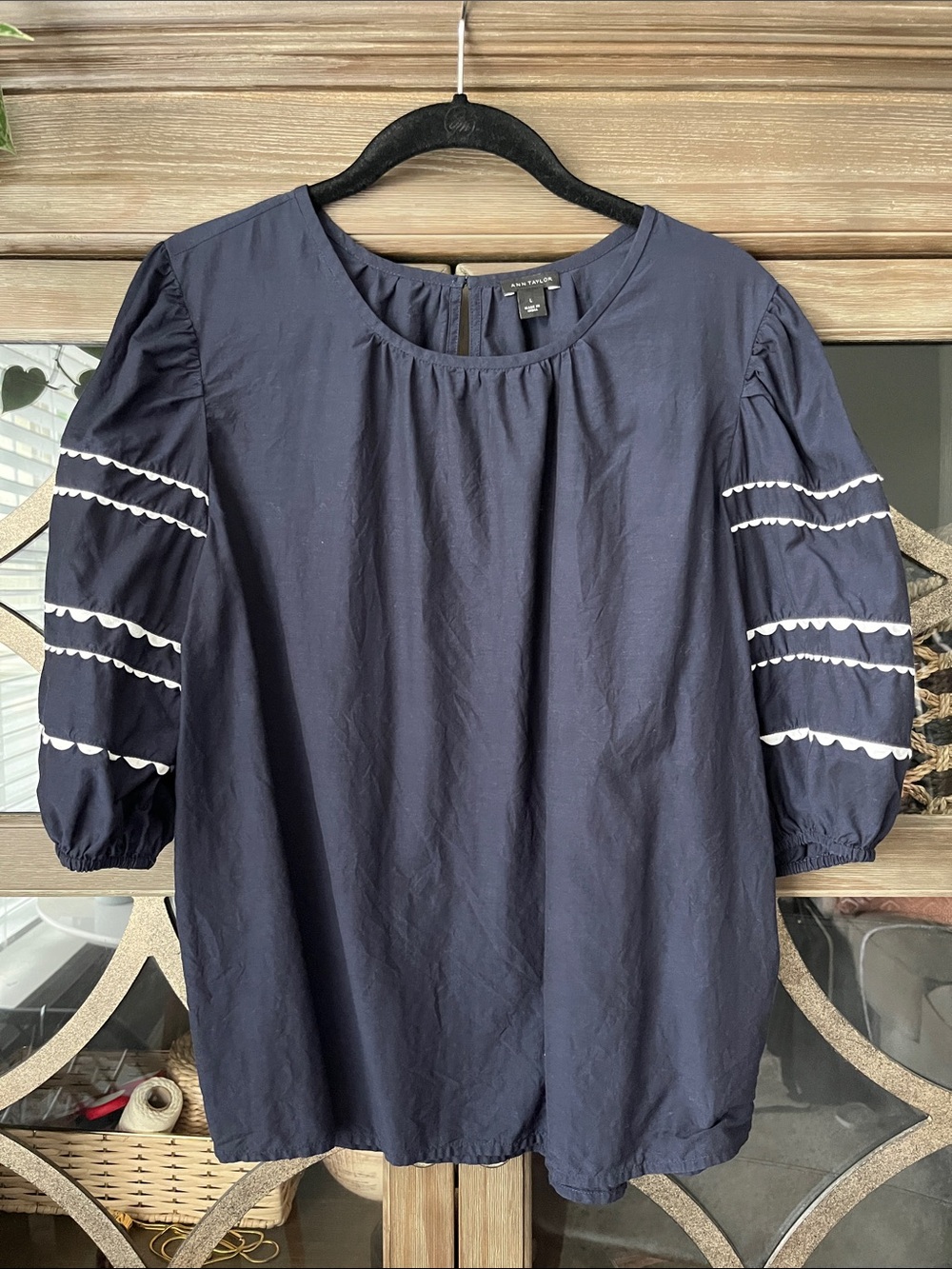 Ann Taylor Navy Top with White Scalloped Sleeve Trim